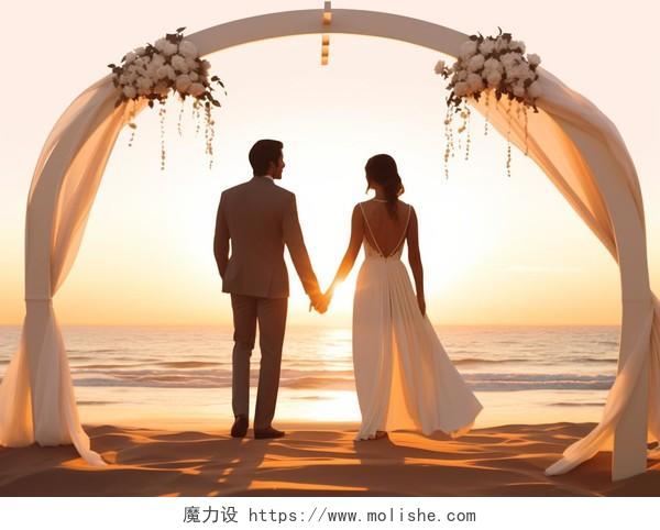 西式婚礼户外婚礼新郎新娘夫妇俩面朝大海的浪漫背景